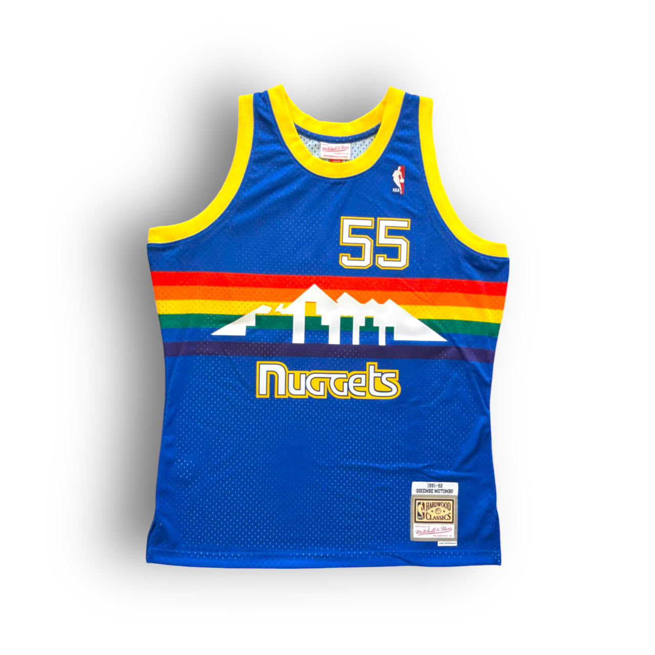 Dikembe Mutombo 1991-1992 Denver Nuggets Away Mitchell & Ness Swingman Jersey - Rainbow/Blue - Hoop Jersey Store