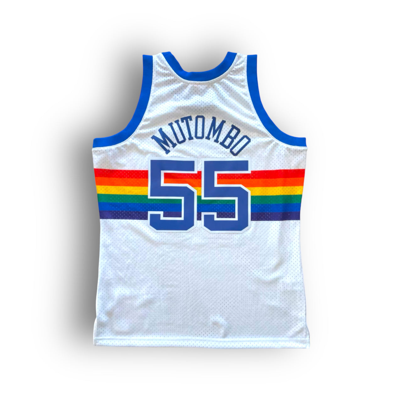 Dikembe Mutombo 1991-1992 Denver Nuggets Home Mitchell & Ness Swingman Jersey - Rainbow/White - Hoop Jersey Store