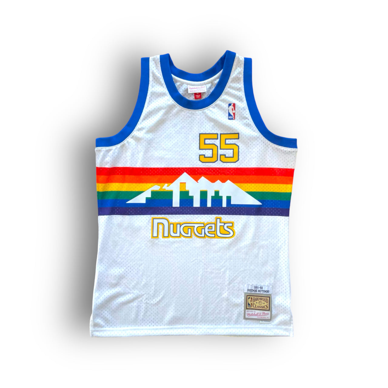 Dikembe Mutombo 1991-1992 Denver Nuggets Home Mitchell & Ness Swingman Jersey - Rainbow/White - Hoop Jersey Store