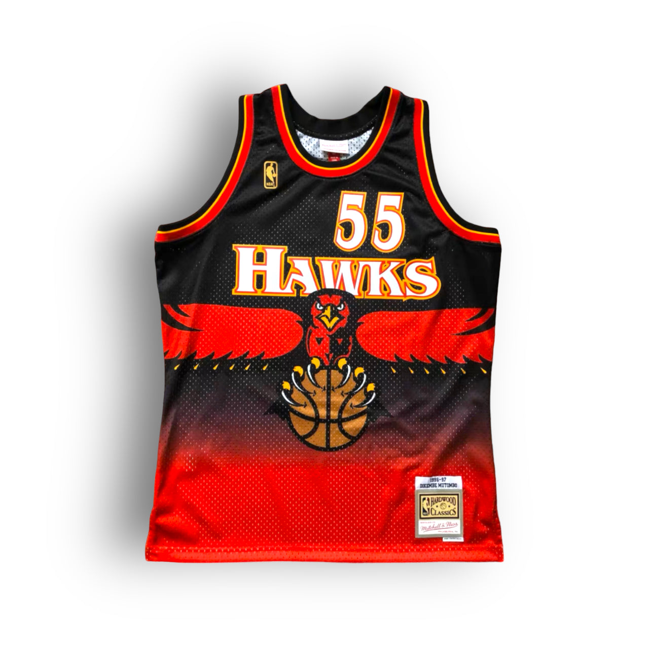 Dikembe Mutombo 1996-1997 Atlanta Hawks Away Mitchell & Ness Swingman Jersey - Red/Black - Hoop Jersey Store