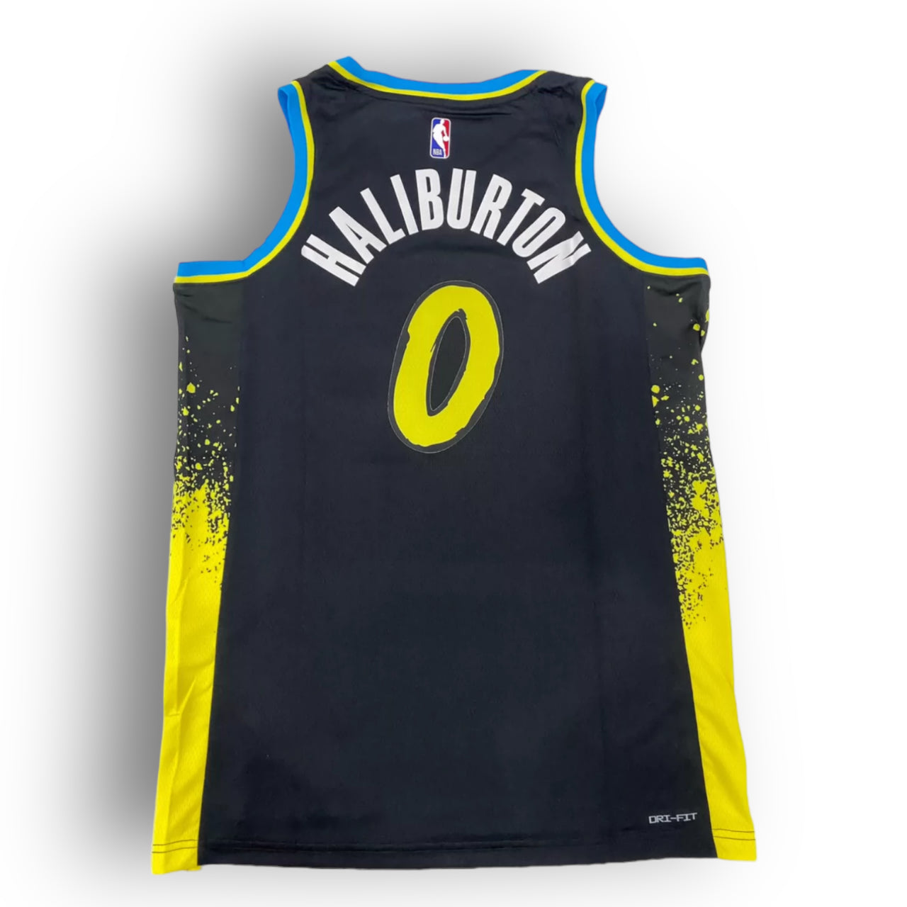 Tyrese Haliburton's Pacers City Edition Jersey embodies Indianapolis's urban energy. The grey color represents the night sky, with neon blue and yellow accents like city lights, and splattered paint patterns evoking street graffiti. The street art style font adds to the urban vibe. This jersey, made with Nike technology, not only offers comfort but also celebrates Haliburton's breakout season, averaging 24.7 points and 12.5 assists per game.